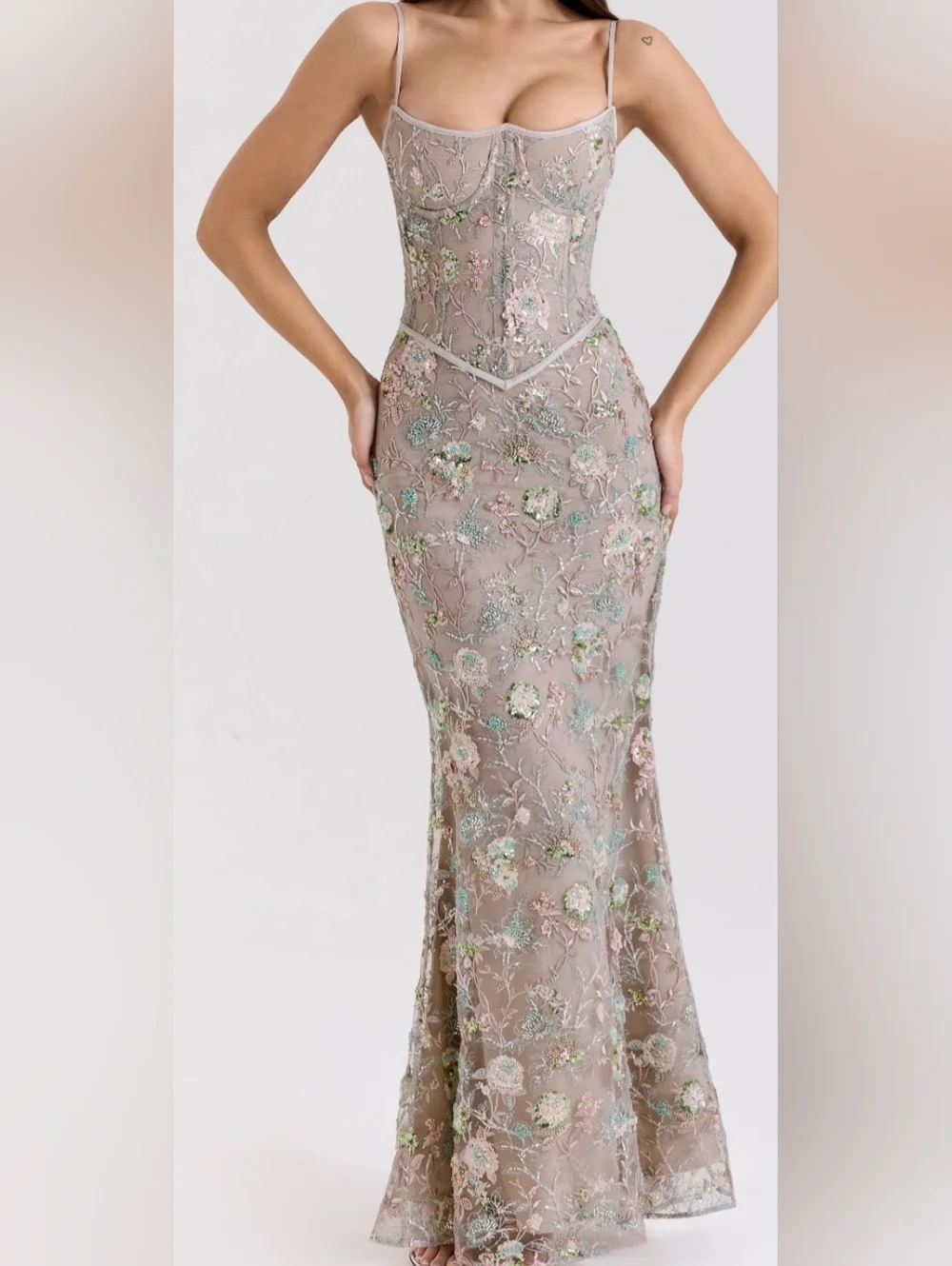 NWOT House of CB Taupe Embroidered Floral Mermaid Gown - Picture 2 of 15